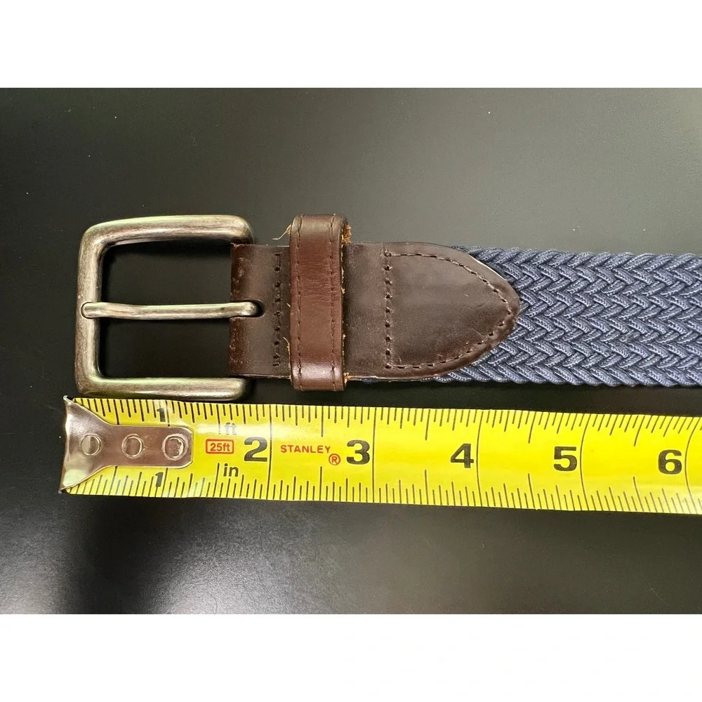 Mens Navy Blue Woven Elastic Stretch Belt Leather Trim Silver Buckle L 45 Inch